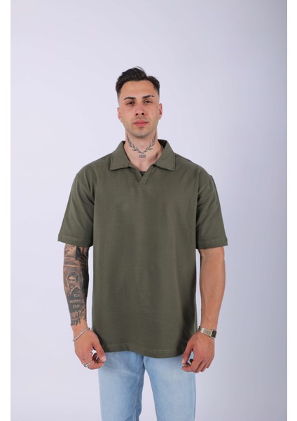 Unisex Polo Yaka Düz Haki Oversize T-Shirt