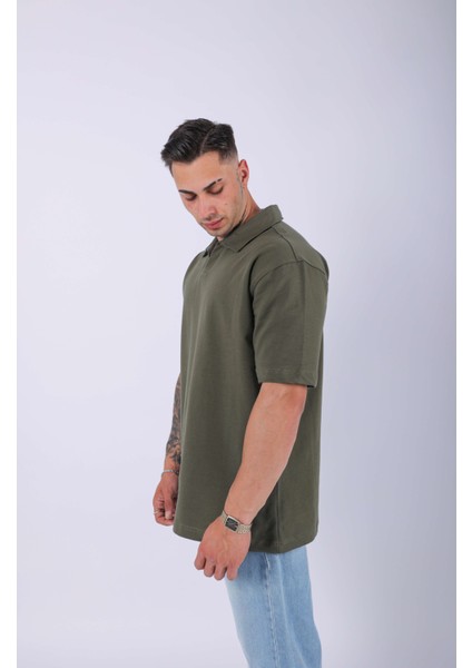Unisex Polo Yaka Düz Haki Oversize T-Shirt fiyatları