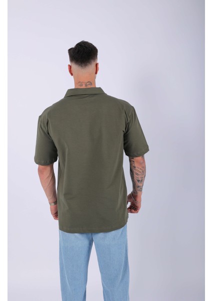 Unisex Polo Yaka Düz Haki Oversize T-Shirt modelleri
