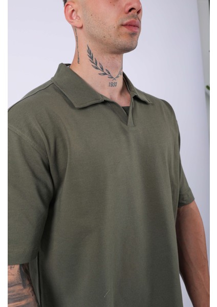 Unisex Polo Yaka Düz Haki Oversize T-Shirt fırsatları