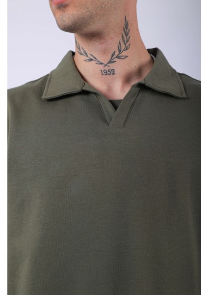 Unisex Polo Yaka Düz Haki Oversize T-Shirt indirimleri