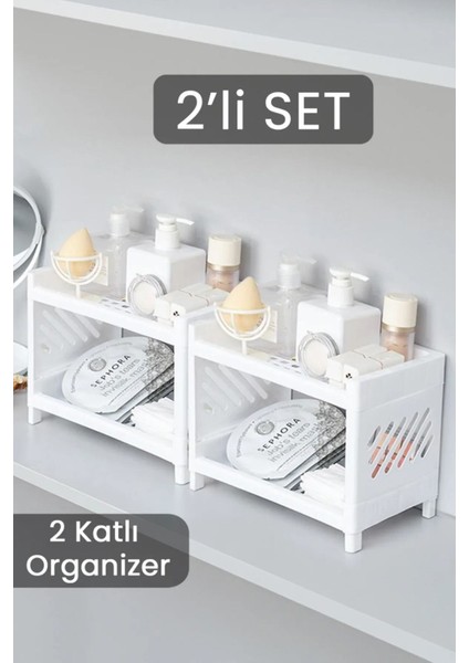 2'li Beyaz Çok Katlı Banyo ve Makyaj Rafı, Düzenleyici Stand