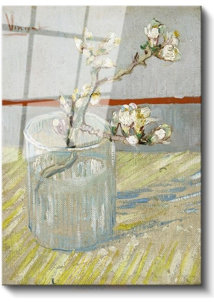 Vincent Van Gogh - Bardakta Badem Çiçeği Dalı Cam Tablo