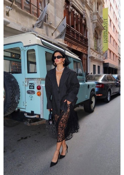 Siyah Çizgili Oversize Ceket