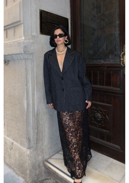 Siyah Çizgili Oversize Ceket