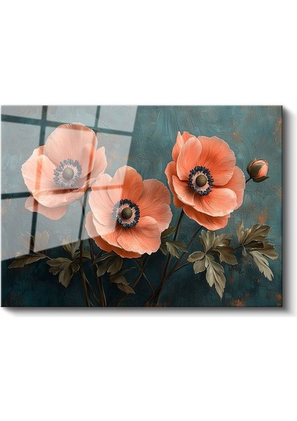 Mercan Gelincikler - Turkuaz Fonda Üçlü Çiçek Kompozisyonu Cam Tablo fiyatları