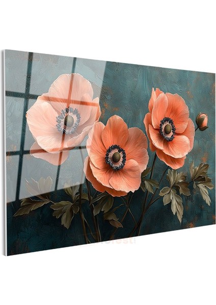 Mercan Gelincikler - Turkuaz Fonda Üçlü Çiçek Kompozisyonu Cam Tablo modelleri