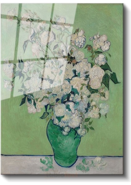 Vincent Van Gogh - Vazoda Beyaz Güller Cam Tablo
