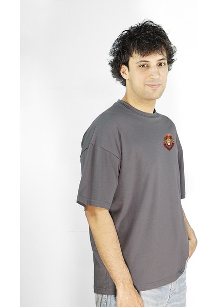 Roarion | Gri Renk | Baskılı Erkek T-shirt | Oversize modelleri