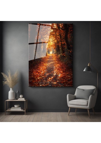 Sonbahar Patikası - Altın Yapraklarla Bezeli Büyülü Orman Yolu Cam Tablo