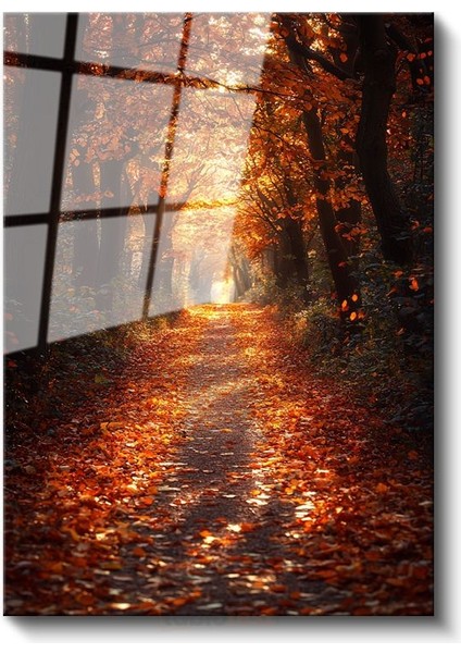 Sonbahar Patikası - Altın Yapraklarla Bezeli Büyülü Orman Yolu Cam Tablo fiyatları