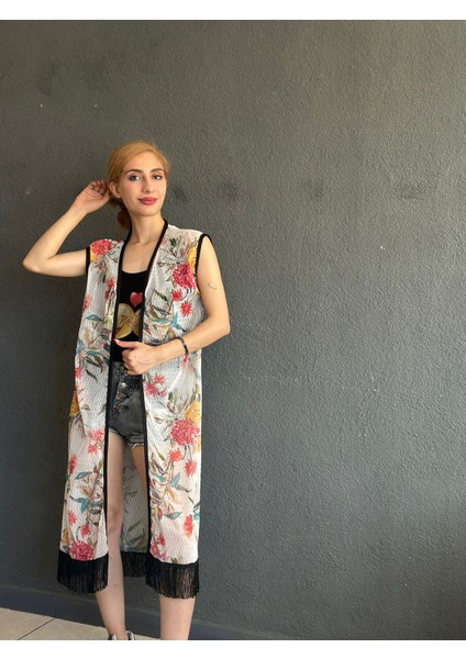 Çiçek Desenli Uzun Püsküllü Kadın Yelek Plaj Yelek 105 cm fırsatları