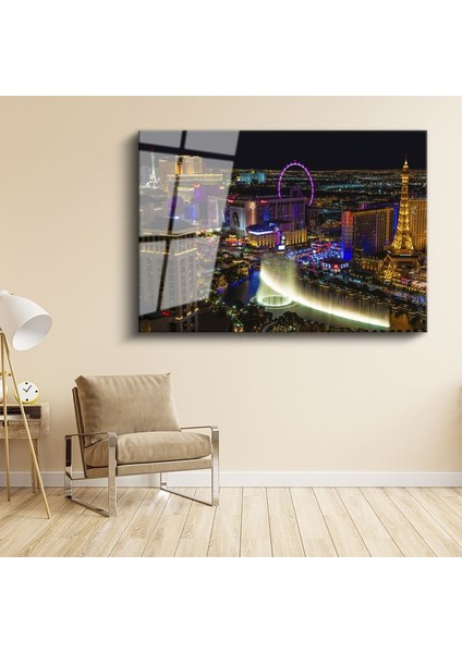 Las Vegas Gece Manzarası - Renkli Işıklar Cam Tablo