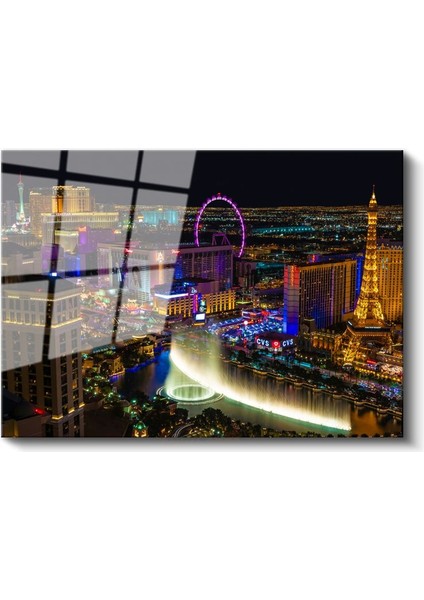 Las Vegas Gece Manzarası - Renkli Işıklar Cam Tablo fiyatları