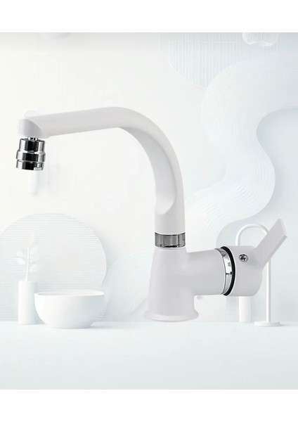 Beyaz Delta Lavabo Bataryası Oynar Başlıklı Banyo Bataryası Çift Su Girişli Lavabo Musluğu