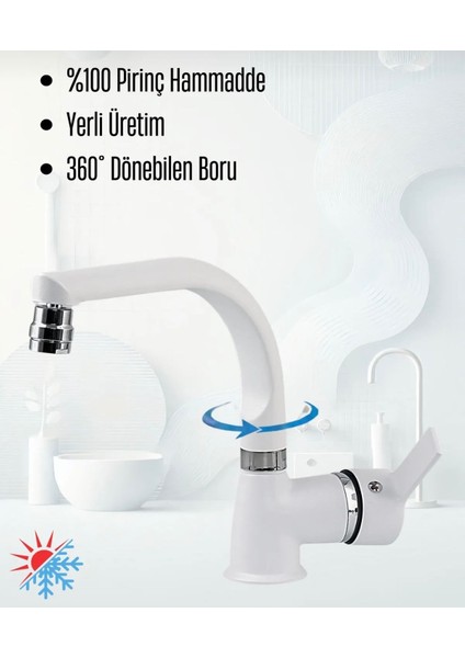 Beyaz Delta Lavabo Bataryası Oynar Başlıklı Banyo Bataryası Çift Su Girişli Lavabo Musluğu