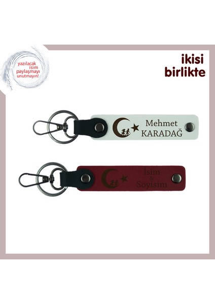 Sevdiklerine Sürpriz Yap Çocuk ve Ayyıldız Temalı Kişisel Isimli X2 Anahtarlık Seti, Beyaz-Bordo