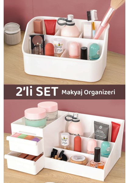 Beyaz Çok Amaçlı 2'li Makyaj ve Aksesuar Organizer Seti