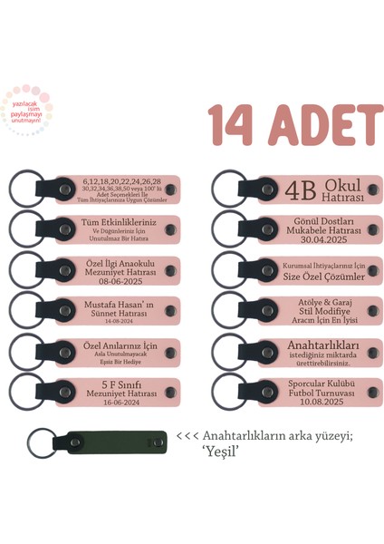Minik Mezunlara Anlamlı Hatıra, 14’lü Set, Üzerine Isim Yazılabilen Deri Anahtarlık, Pudra & Yeşil