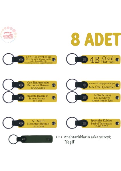 Sarı & Yeşil, Kuryelere Anlamlı Teşekkür Hediyesi, 8’li Set, Kişiye Özel Yazılı Deri Anahtarlık