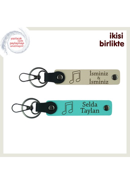 Nota Temalı Kişisel Isimli Tasarım, Sevgiliye Uygun 2’li Anahtarlık Takımı, Sütlü Kahve-Turkuaz