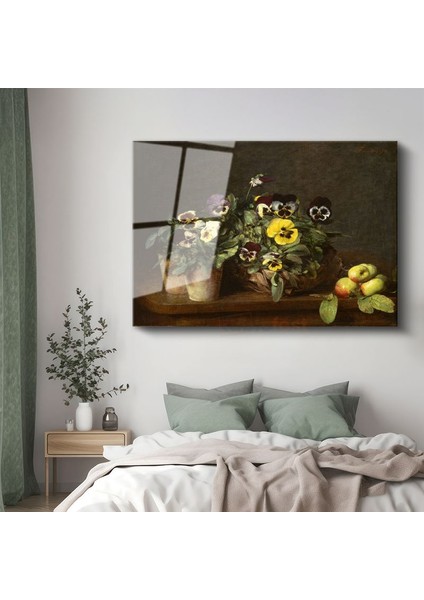 Henri Fantin-Latour - Hercai Menekşeler ve Elmalar Cam Tablo