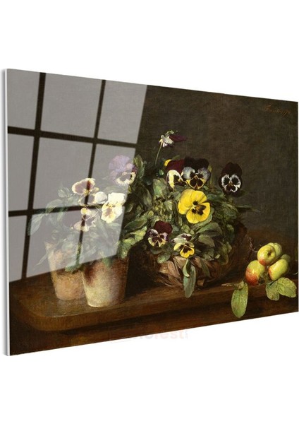 Henri Fantin-Latour - Hercai Menekşeler ve Elmalar Cam Tablo modelleri