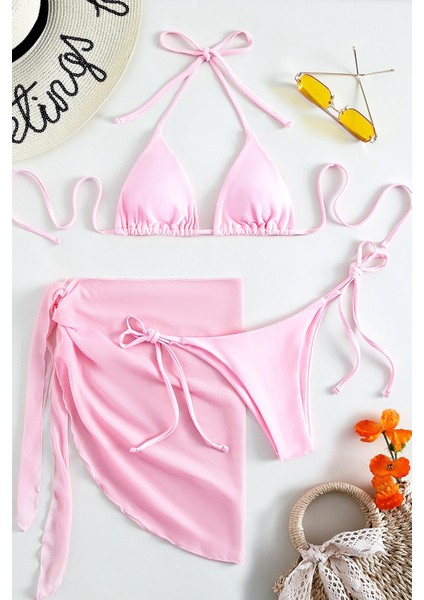 Pareolu Bağlamalı 3'lü Bikini Takım Set (Çıkartılabilir Kaplı)
