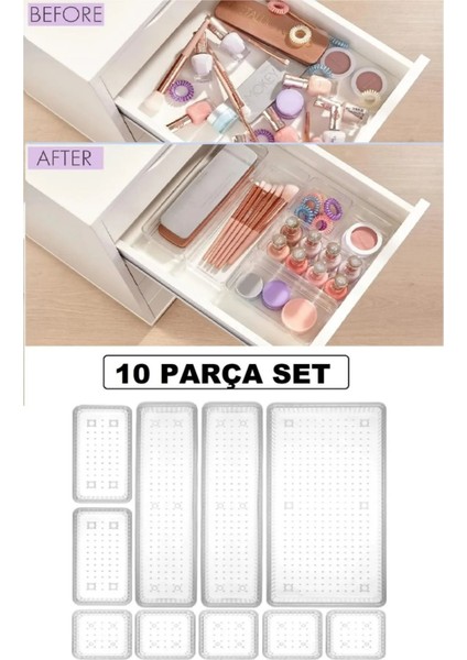 Şeffaf 10 Parça Çekmece Organizer Takı ve Kozmetik Düzenleyici Set