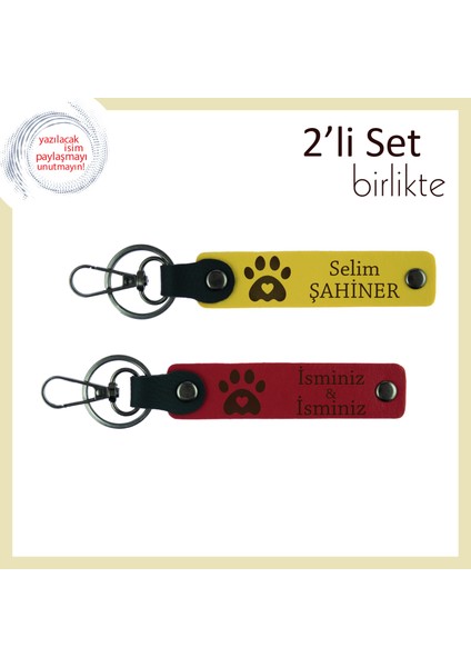 Evcil Hayvan Sahibi Aile Bireylerine Sevimli Hatıra Kalpli Pati Desenli Anahtarlık Set, Sarı-Kırmızı
