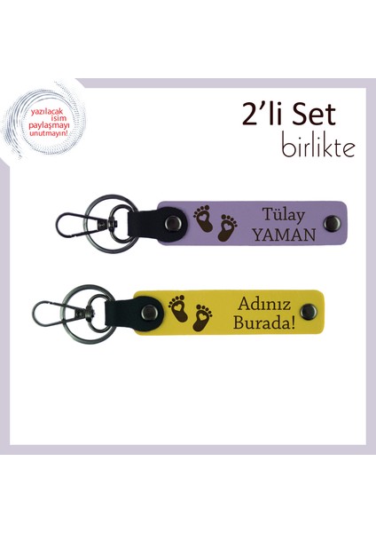 Doğum Günü Hatırası Için Tasarlanmış Kalpli Bebek Ayağı Temalı Isimli Anahtarlık, Mor Menekşe-Sarı