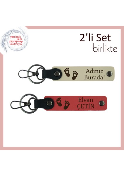 Erkek Bebek Ismiyle Hazırlanan Kalpli Ayak Figürlü Deri Anahtarlık, 2'li Hatıra Set, Sütlü Kahve-Nar