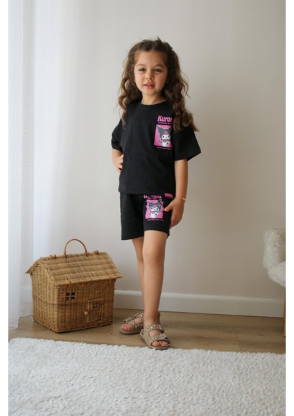Kız Çocuk Kuromi Model Beli Lastikli Bağcıklı Sırt Baskılı Siyah Şortlu Alt Üst Pamuklu Takım modelleri