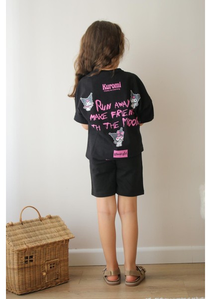 Kız Çocuk Kuromi Model Beli Lastikli Bağcıklı Sırt Baskılı Siyah Şortlu Alt Üst Pamuklu Takım fırsatları