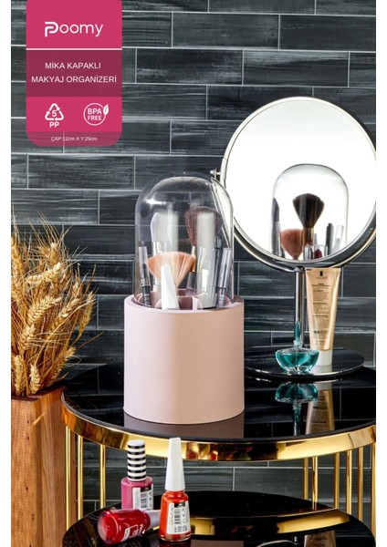 Bölmeli Pembe Makyaj ve Fırça Organizeri, Şeffaf Kapaklı Büyük Düzenleyici