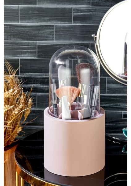 Bölmeli Pembe Makyaj ve Fırça Organizeri, Şeffaf Kapaklı Büyük Düzenleyici fırsatları