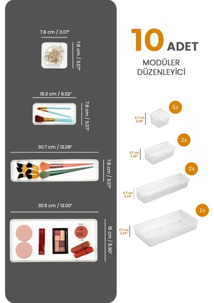 10 Parça Modüler Makyaj ve Takı Düzenleyici, Çekmece ve Masaüstü Organizatör modelleri