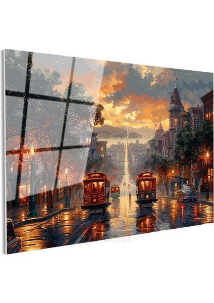 San Francisco Tramvayları - Işıklı Cadde Manzarası Cam Tablo
