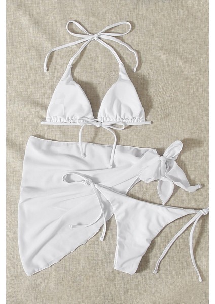 Pareolu Bağlamalı 3'lü Bikini Takım Set (Çıkartılabilir Kaplı)