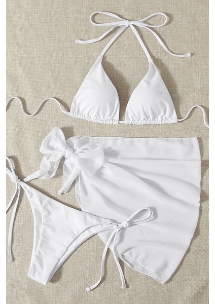 Pareolu Bağlamalı 3'lü Bikini Takım Set (Çıkartılabilir Kaplı)