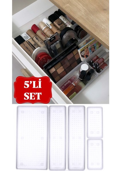 Şeffaf 5'li Çekmece Içi Organizer, Kozmetik ve Takı Düzenleyici, Pratik Kullanım