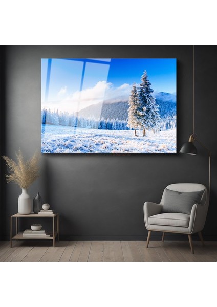 Kış Masalı - Kar Kaplı Çam Ağaçları ve Beyaz Örtü Cam Tablo