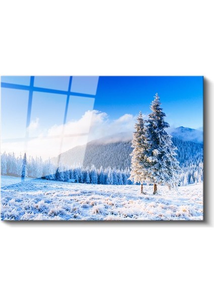Kış Masalı - Kar Kaplı Çam Ağaçları ve Beyaz Örtü Cam Tablo fiyatları