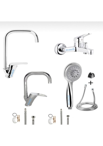 Köşe Borulu Mutfak Lavabo Banyo Bataryası Musluğu Duş Başlığı 4’lü Full Set
