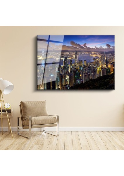 Hong Kong Tepeden Görünüm - Liman Panoraması Cam Tablo