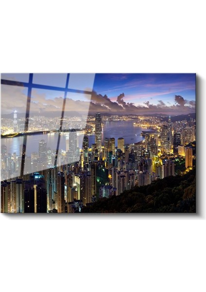 Hong Kong Tepeden Görünüm - Liman Panoraması Cam Tablo