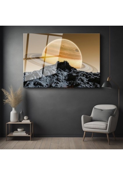 Satürn Manzarası - Dağların Üzerinde Yükselen Gezegen Cam Tablo