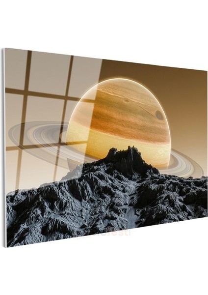 Satürn Manzarası - Dağların Üzerinde Yükselen Gezegen Cam Tablo modelleri