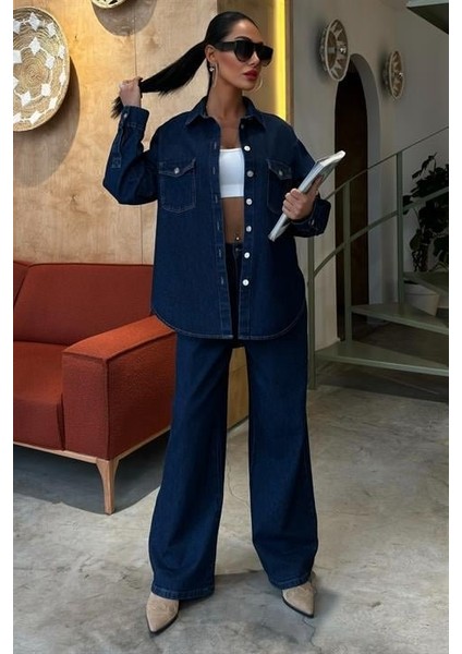 Gömlek ve Palazzo Pantolon Klasik Denim Takım 10070