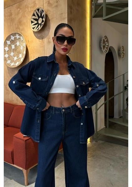 Gömlek ve Palazzo Pantolon Klasik Denim Takım 10070
